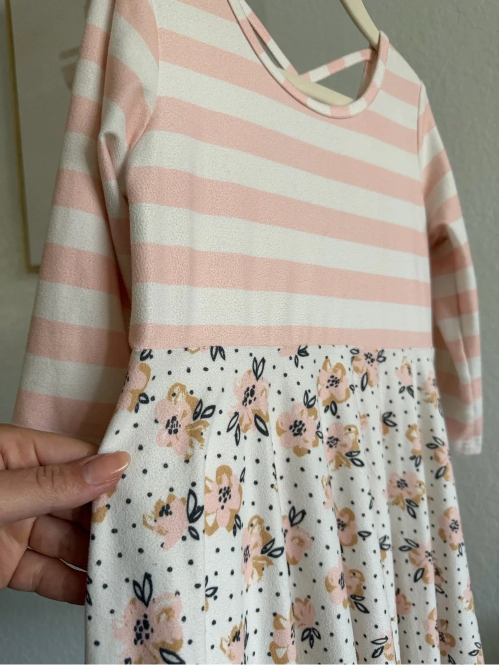 Girls' Pink Striped & Floral Ruffle Dress with Criss-Cross Back